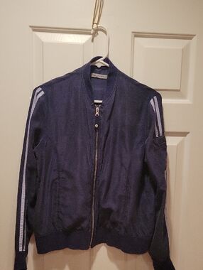 Vintage Oleg Cassini Sport Navy Bomber Jacket with Grey Stripes